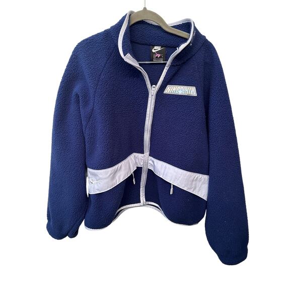 (M) $140 Nike NSW Swoosh Sherpa Oversized Fleece Zip-Up Jacket Navy Blue Sherpa - Picture 8 of 9
